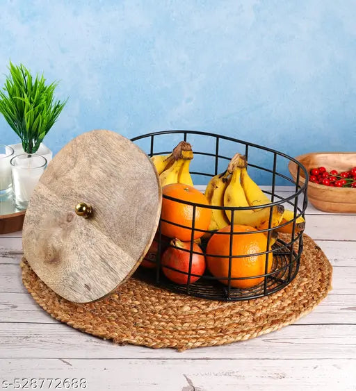 Oval Black Basket Metal With Wooden Top Lid Storage Kitchenware