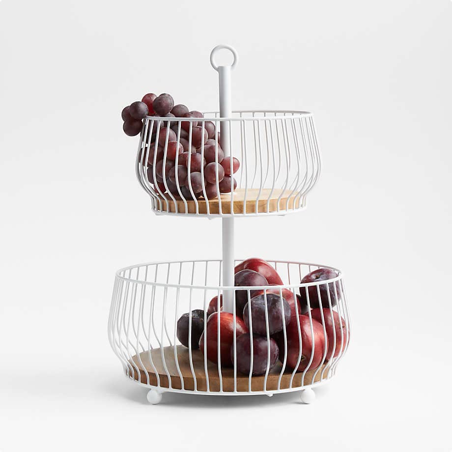 Decorative White Wire Natural Wood Basket