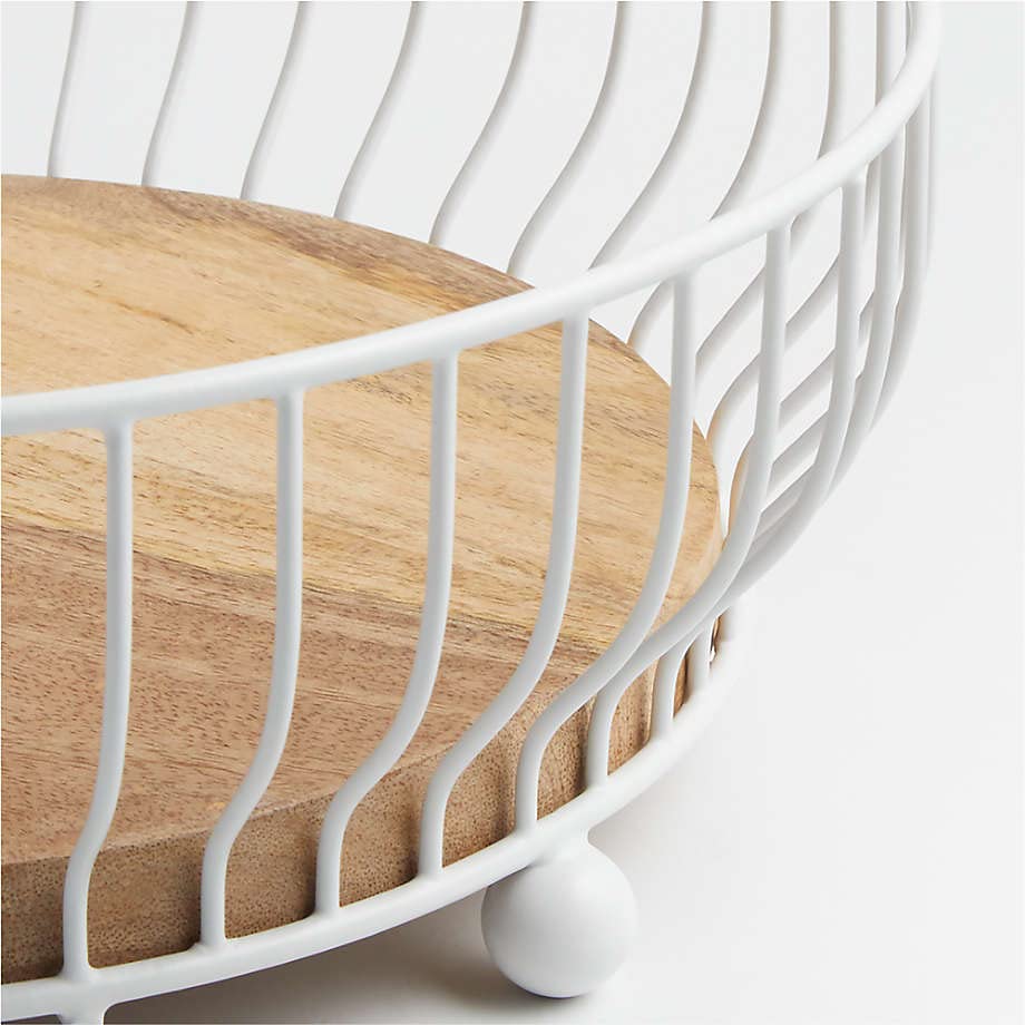 Decorative White Wire Natural Wood Basket