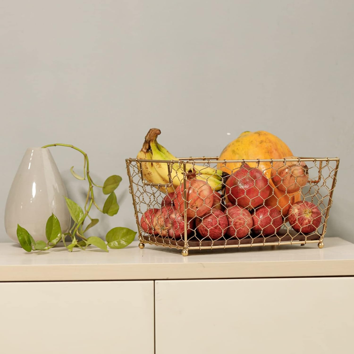 Gold Wire Basket Wood Base Storage