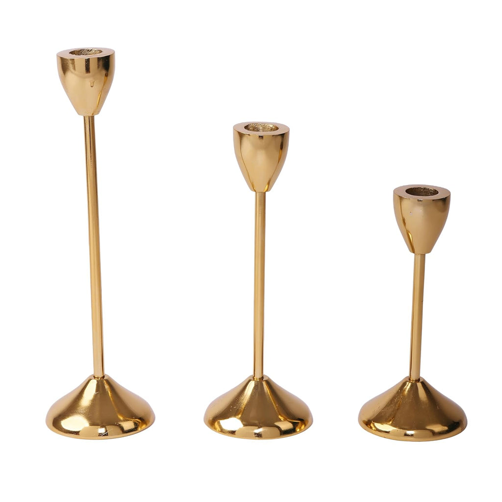 Gold Plated Metal Candle Holders Stick Tapered Set of 3