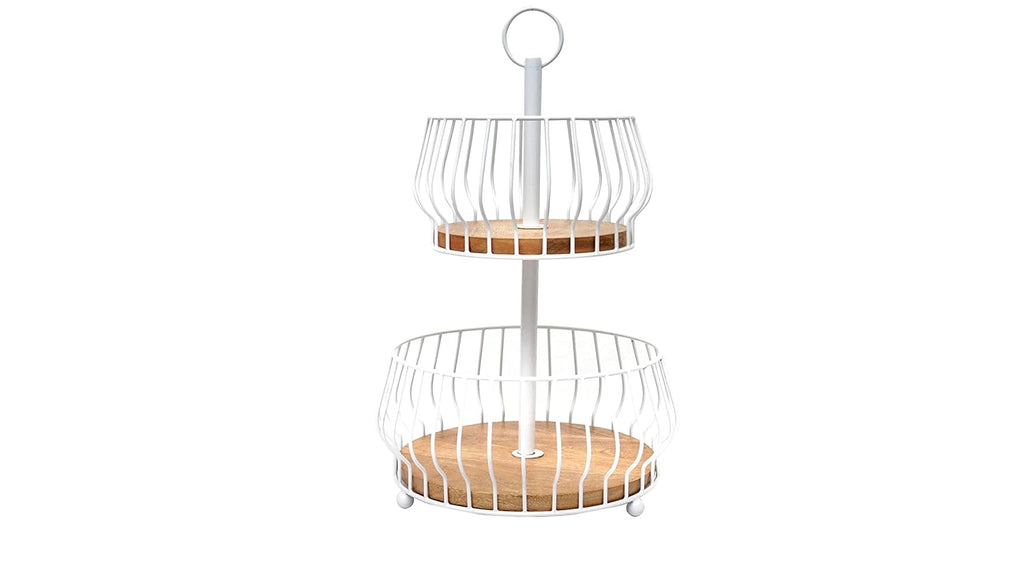 Decorative White Wire Natural Wood Basket