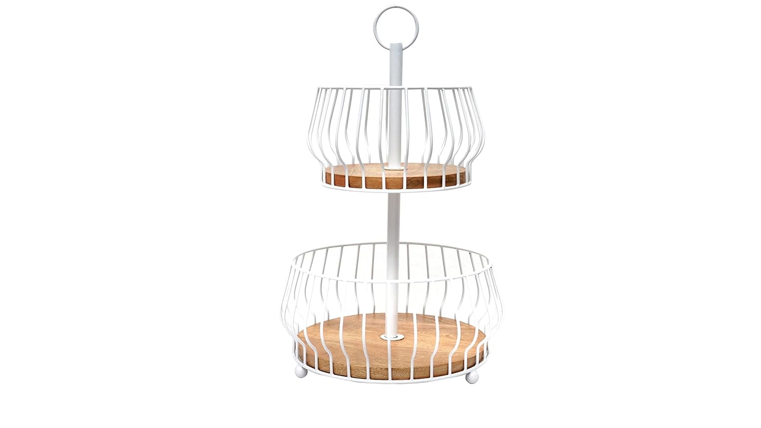 Decorative White Wire Natural Wood Basket