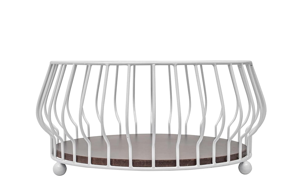 White Wire Decorative Basket Walnut finishes Wood Base Storage