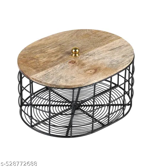 Oval Black Basket Metal With Wooden Top Lid Storage Kitchenware