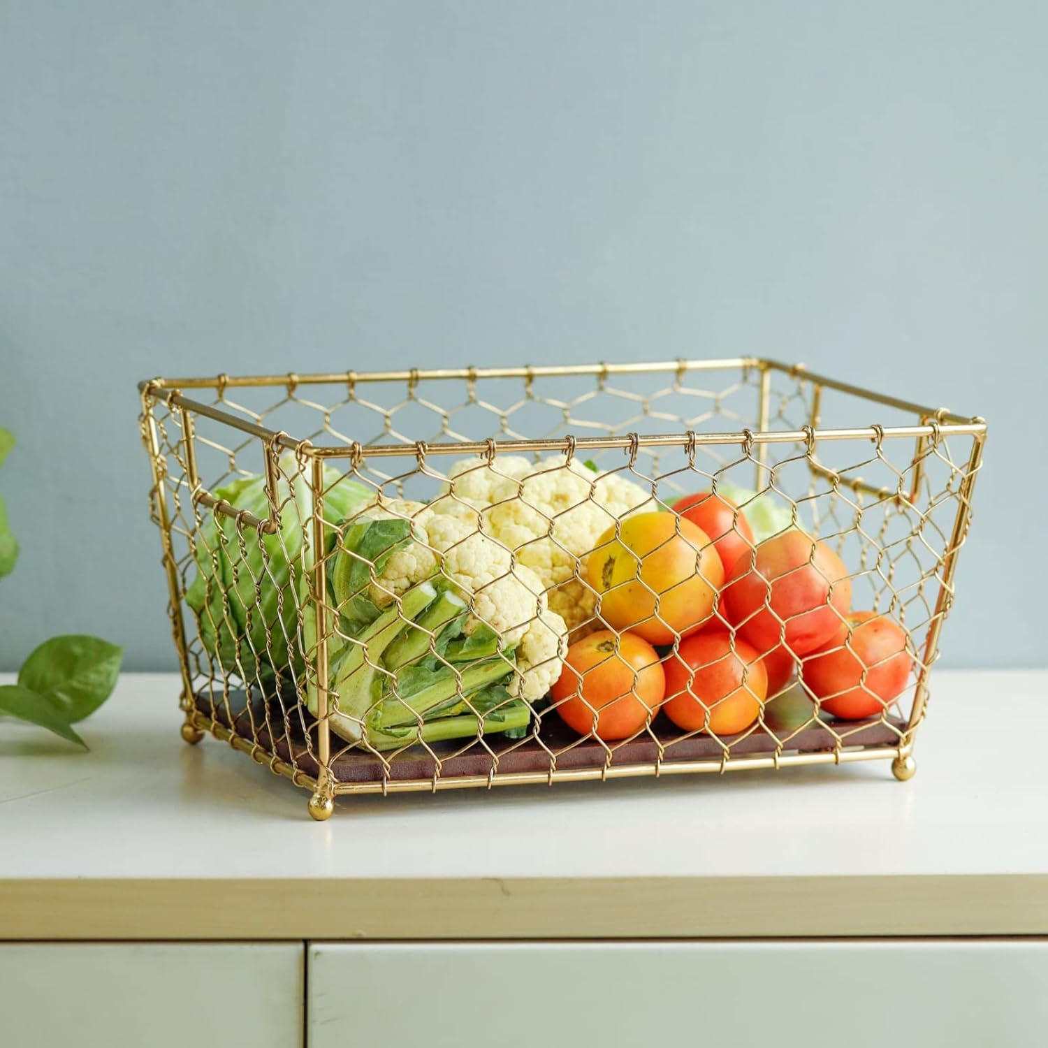 Gold Wire Basket Wood Base Storage