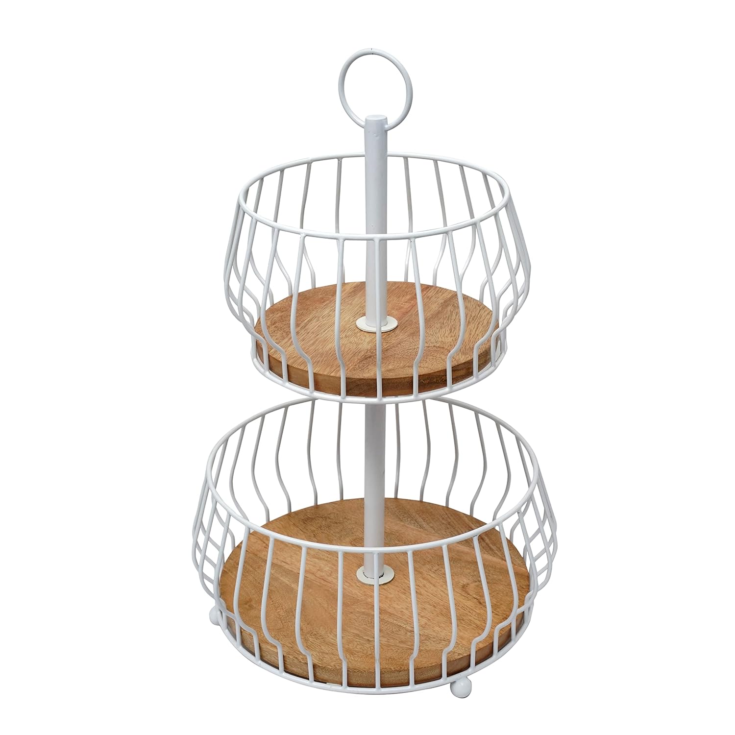 Decorative White Wire Natural Wood Basket
