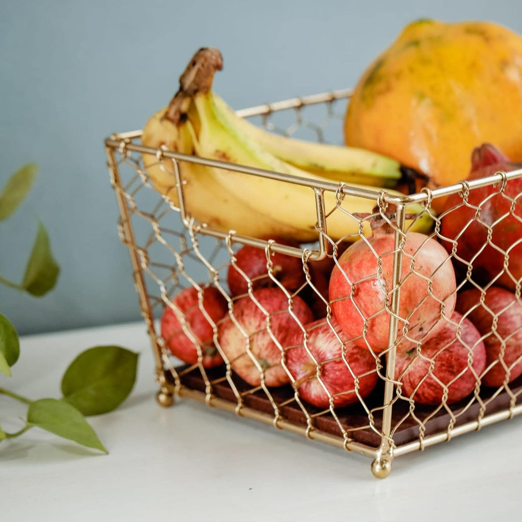 Gold Wire Basket Wood Base Storage