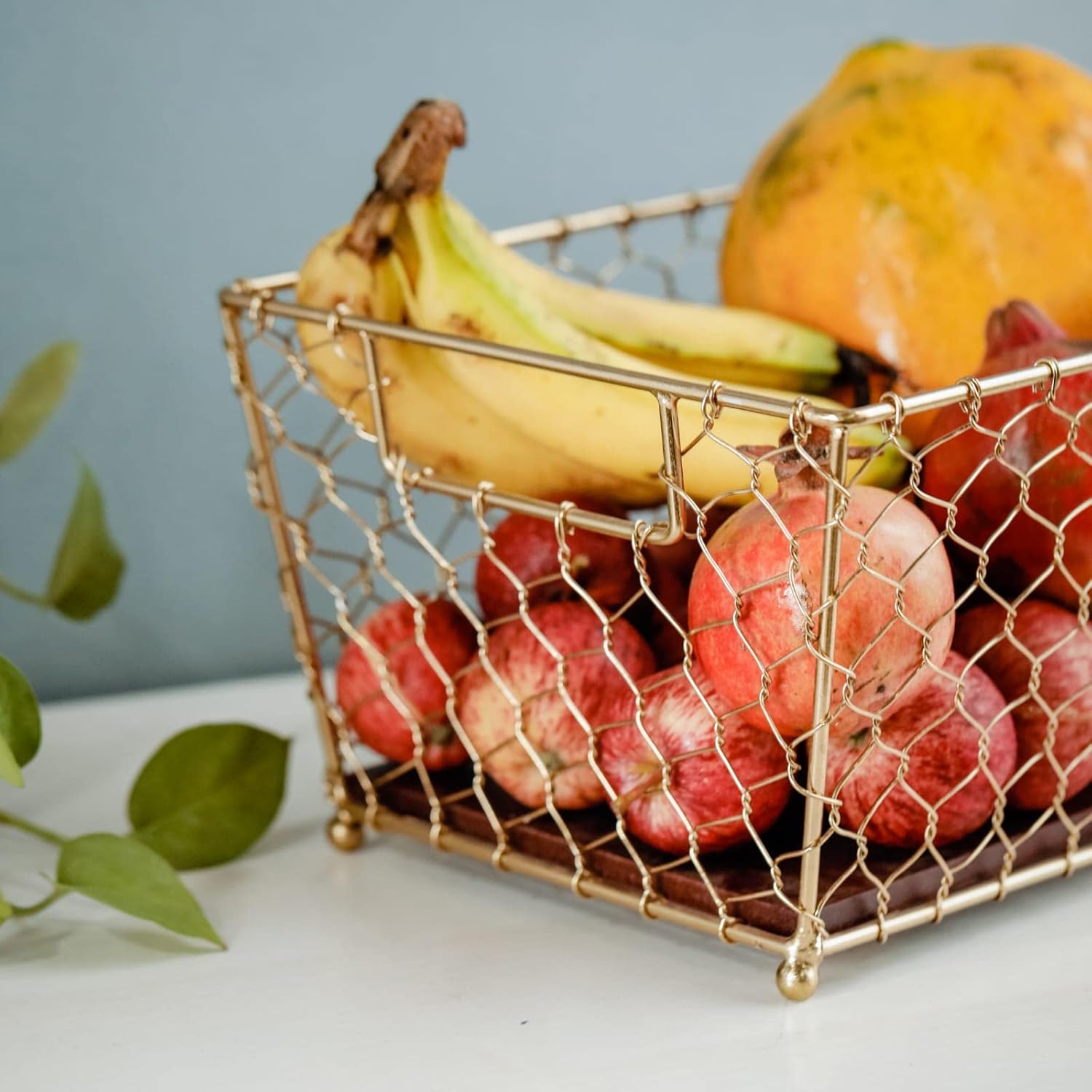 Gold Wire Basket Wood Base Storage