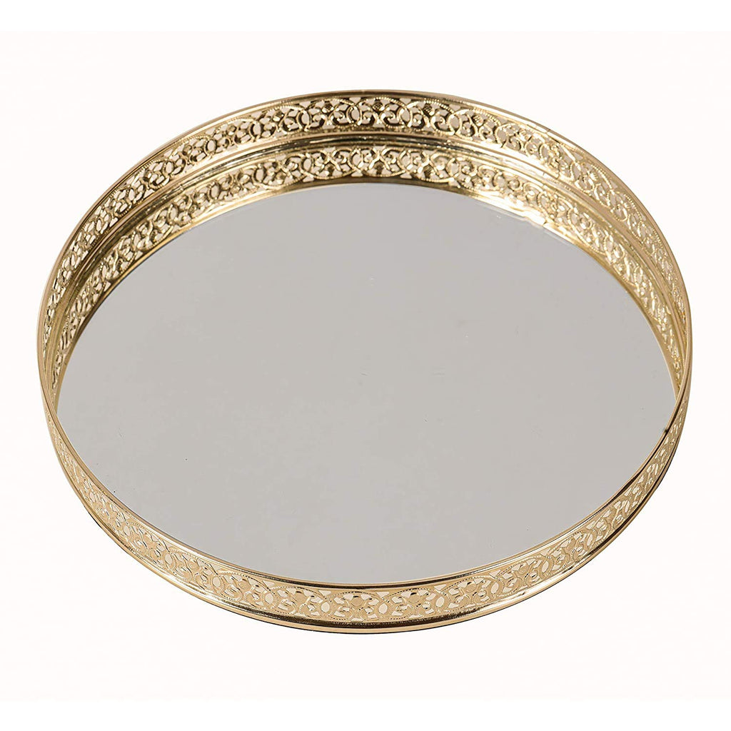 Round Decorative Mirror Tray 10 inches Dia Gold Plated Round