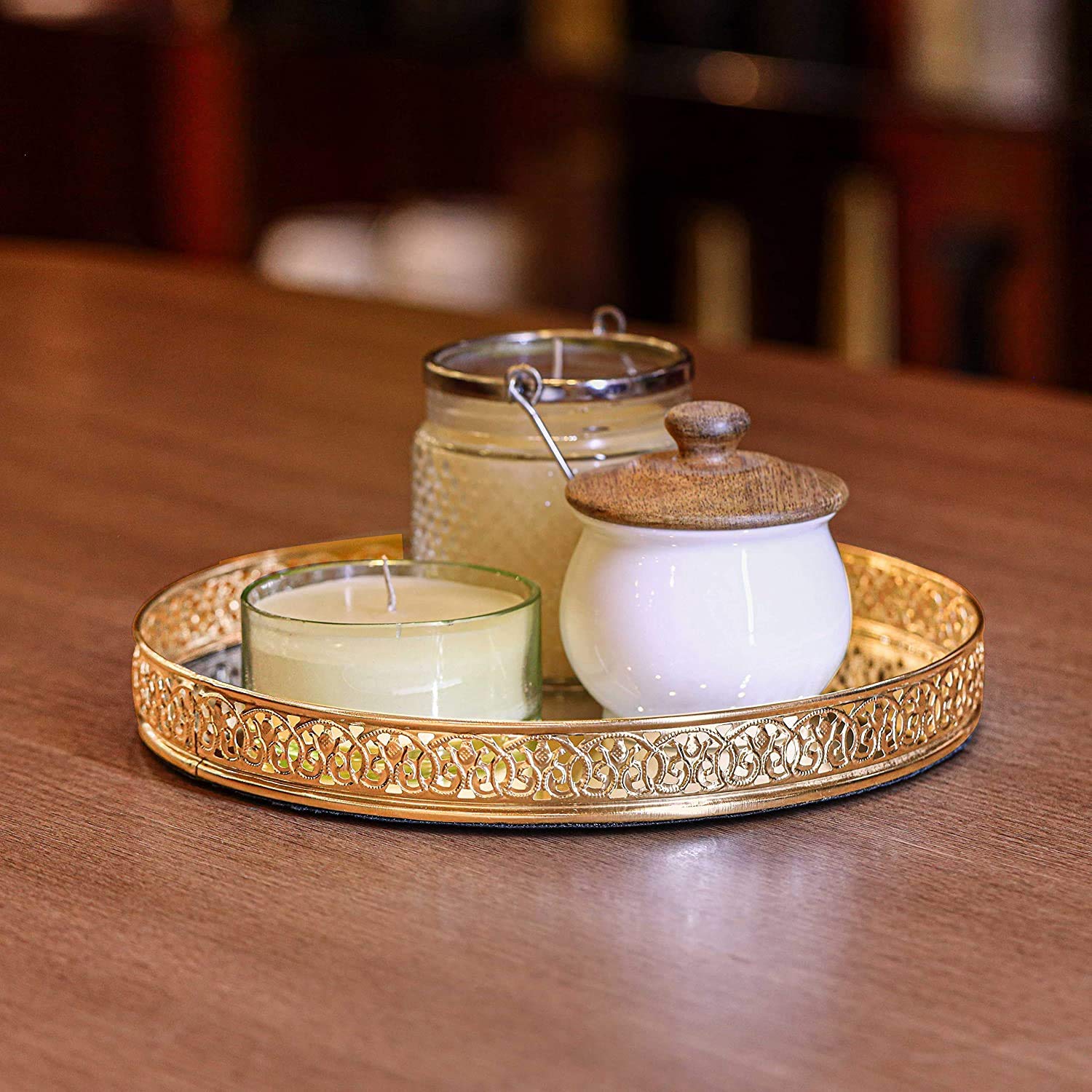 Round Decorative Mirror Tray 10 inches Dia Gold Plated Round