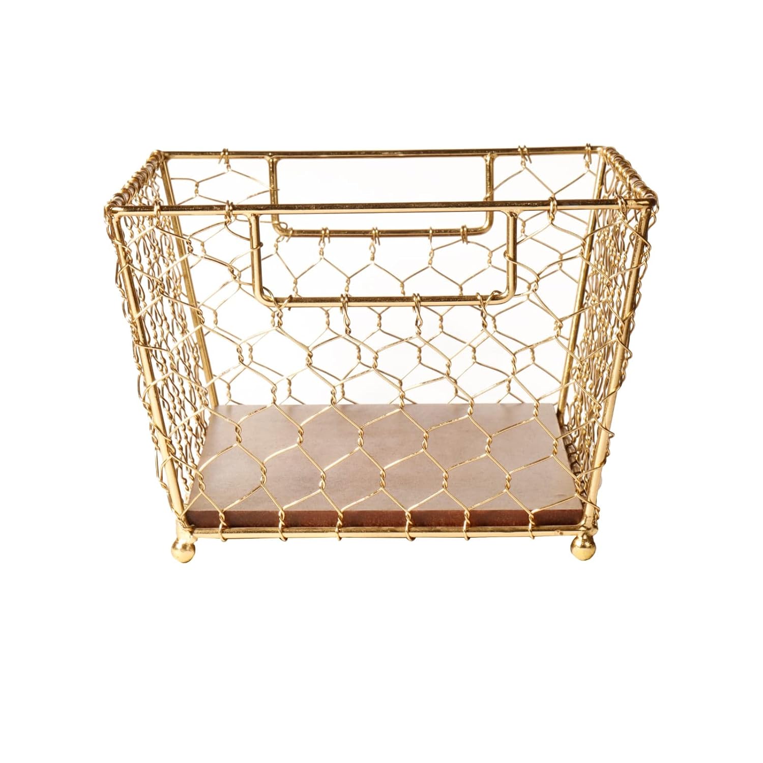 Gold Wire Basket Wood Base Storage