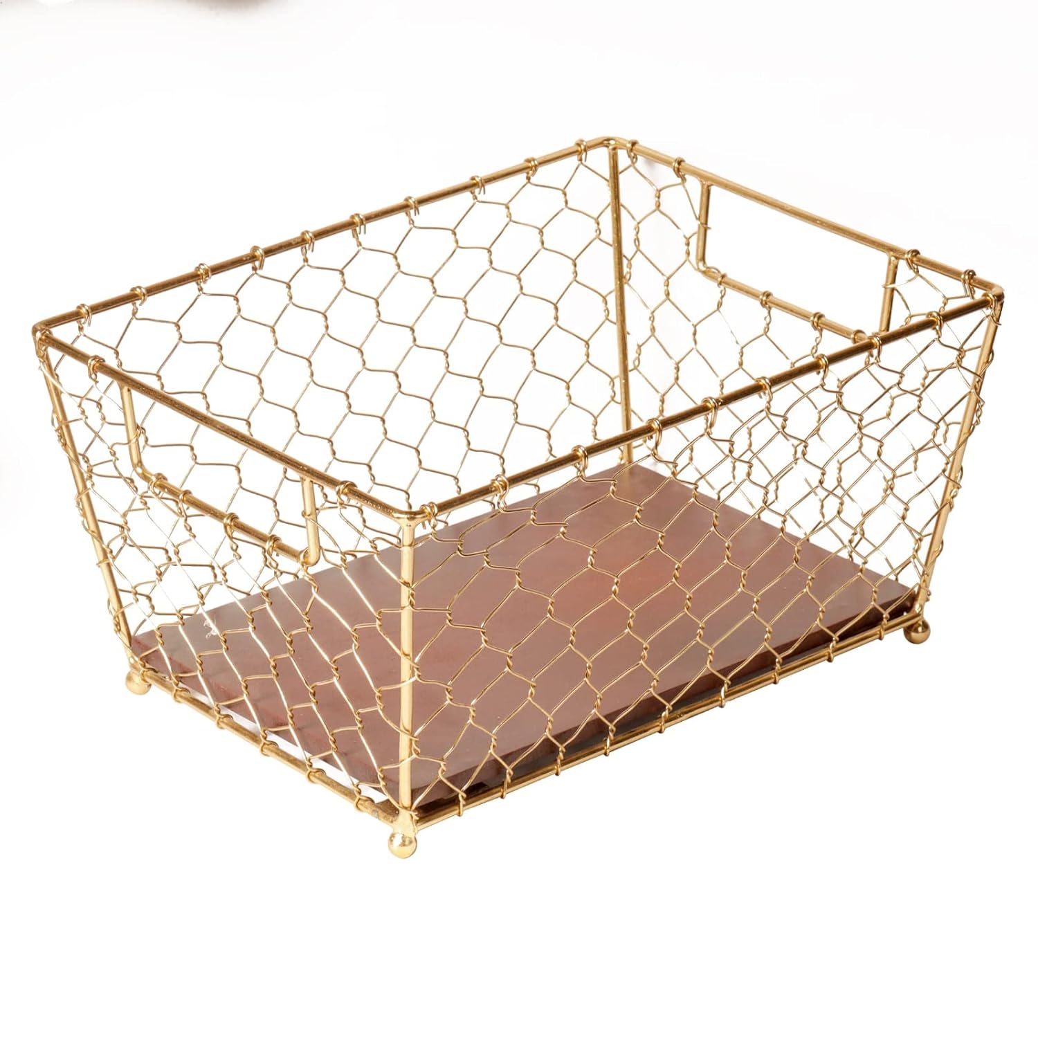 Gold Wire Basket Wood Base Storage