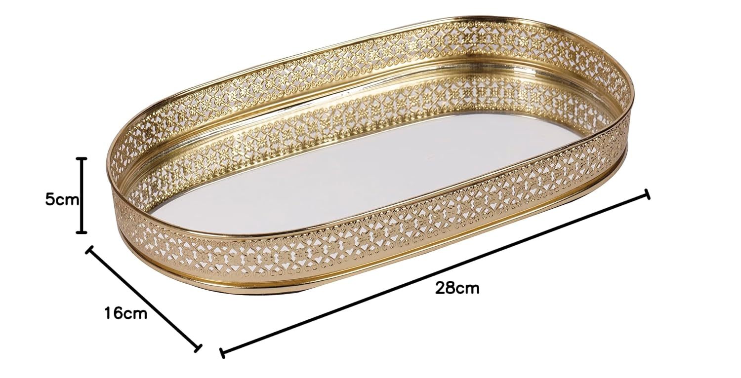 Oval Glass Mirror Gold Plated Tray Decorative Vanity