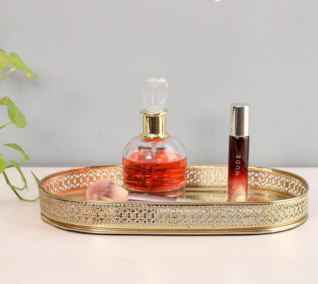 Oval Glass Mirror Gold Plated Tray Decorative Vanity