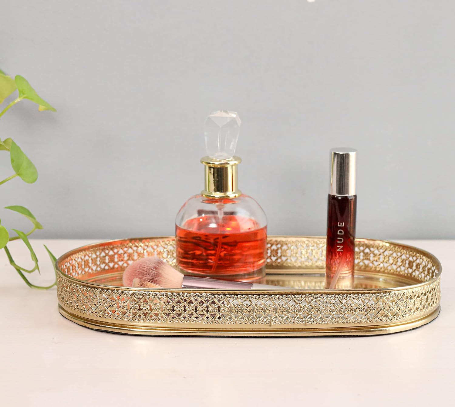 Oval Glass Mirror Gold Plated Tray Decorative Vanity