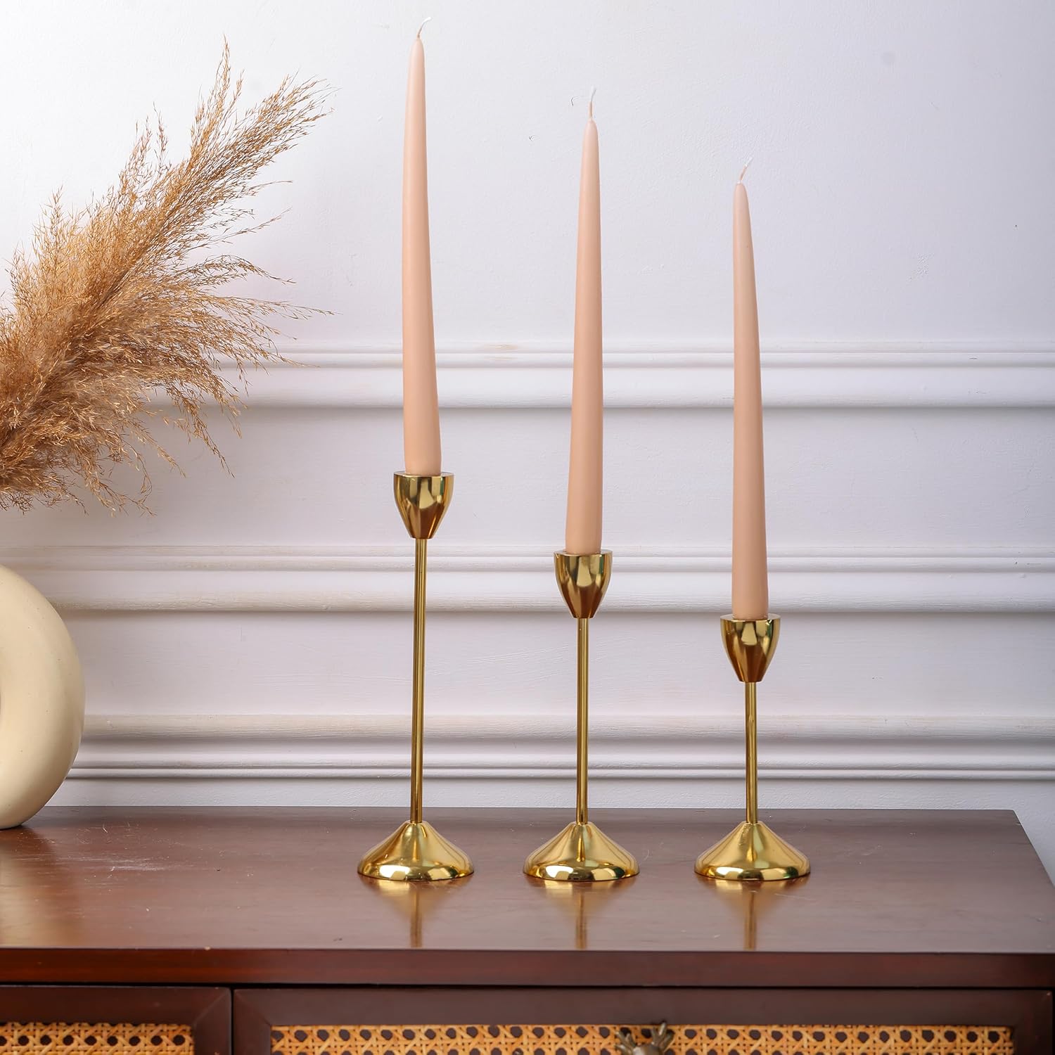 Gold Plated Metal Candle Holders Stick Tapered Set of 3