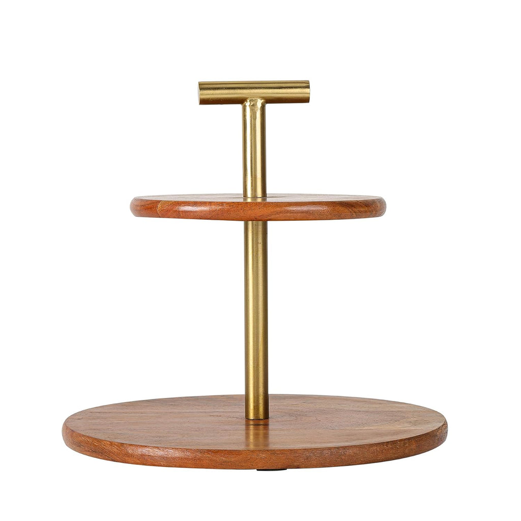 Medium 2-Tier Mango Wood And Metal Cake Stand