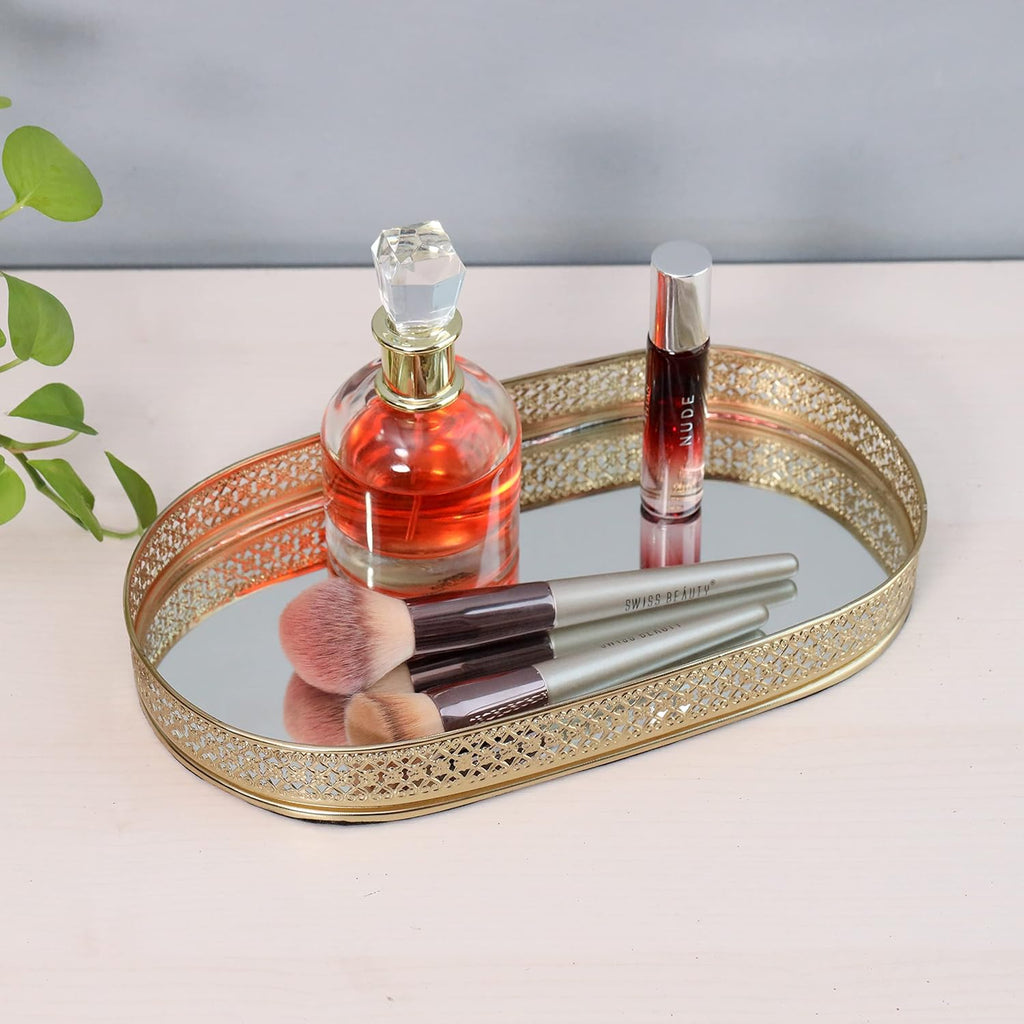 Oval Glass Mirror Gold Plated Tray Decorative Vanity