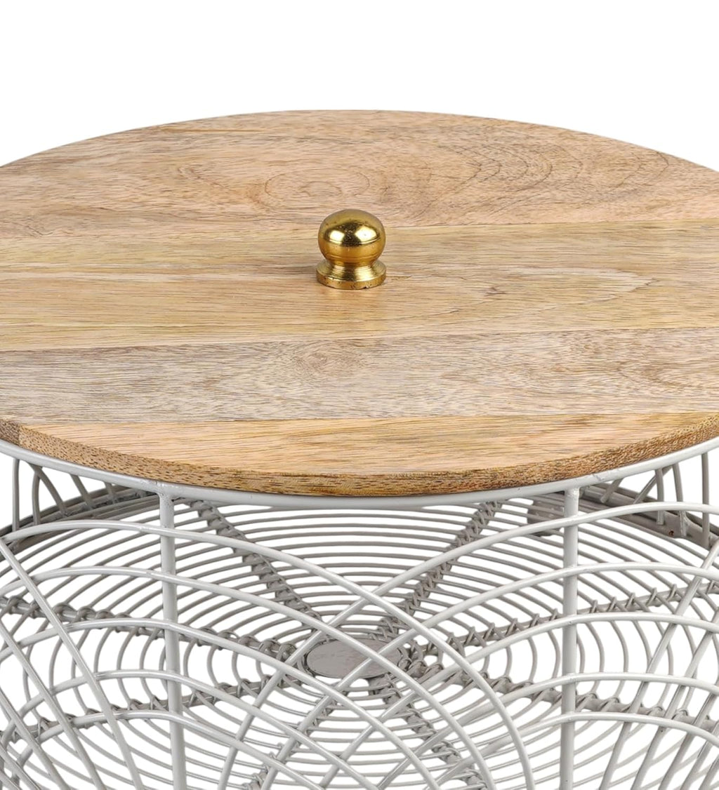 Wooden Lid, 25 cm Round Wire Mesh Container