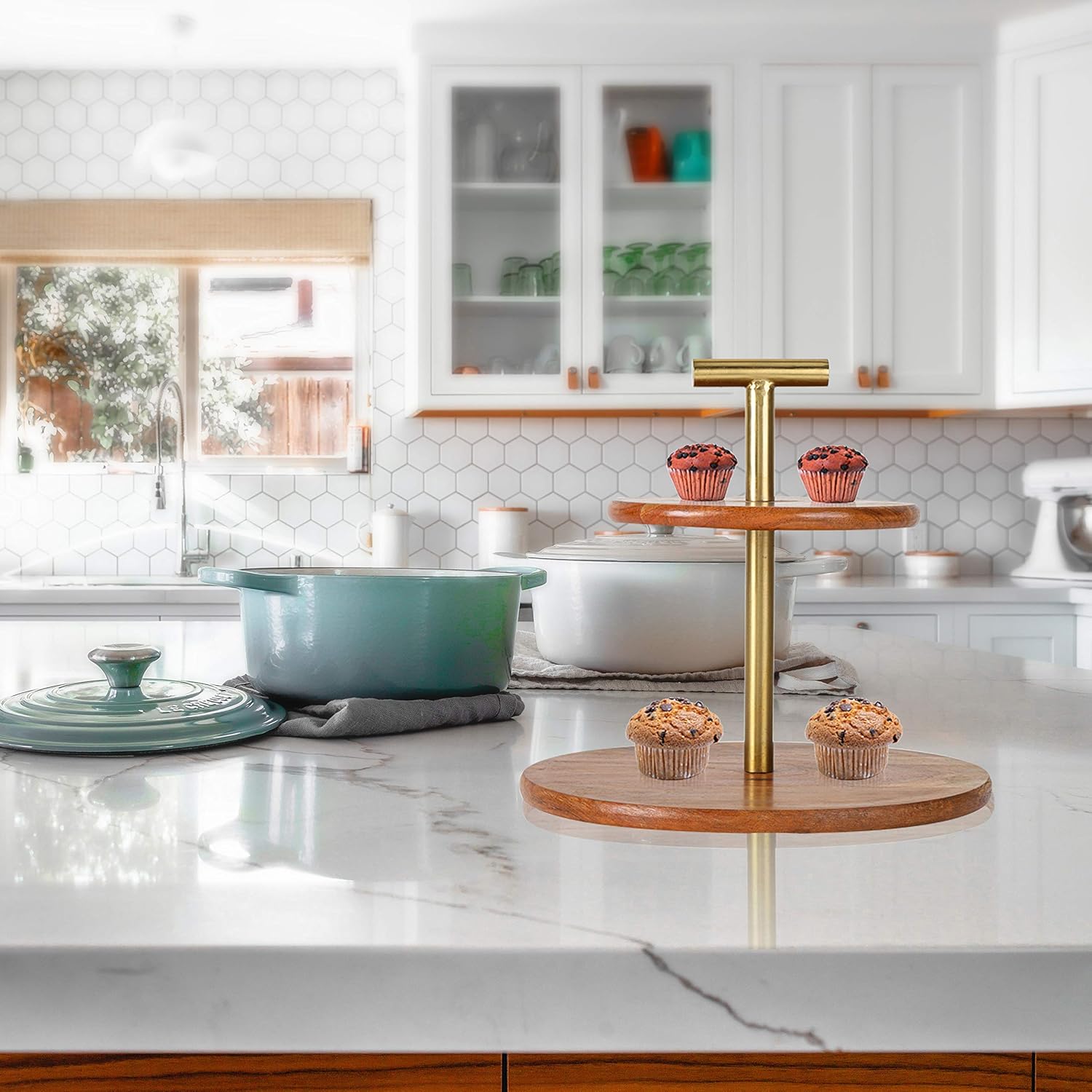 Medium 2-Tier Mango Wood And Metal Cake Stand