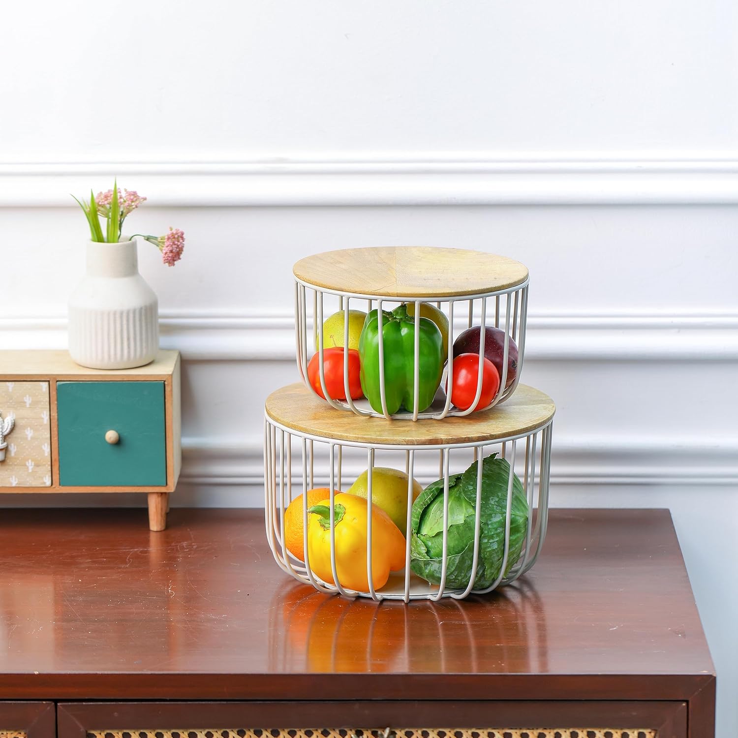 Wire Wood Baskets Round Shape Trays Grey Finish For Storage Fruit Vegetable