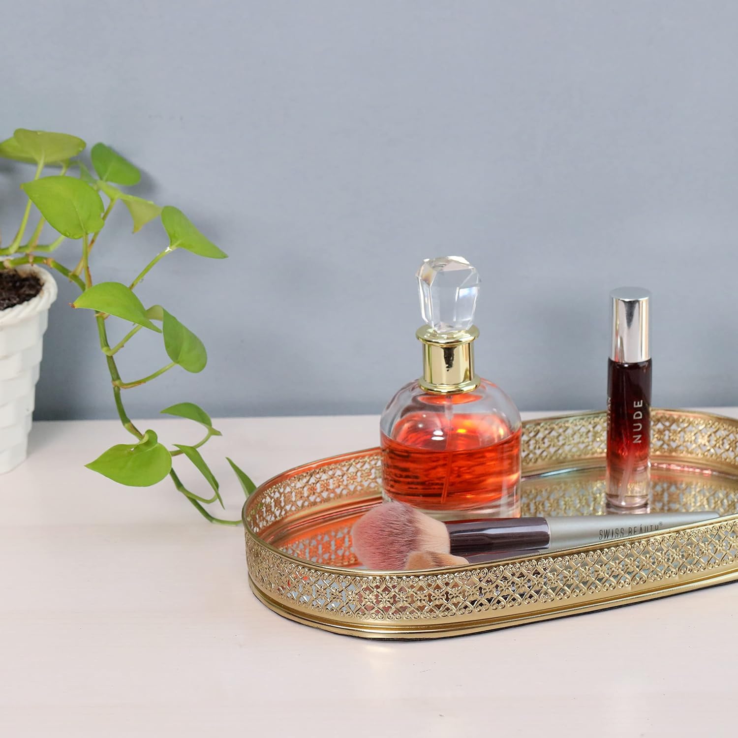 Oval Glass Mirror Gold Plated Tray Decorative Vanity