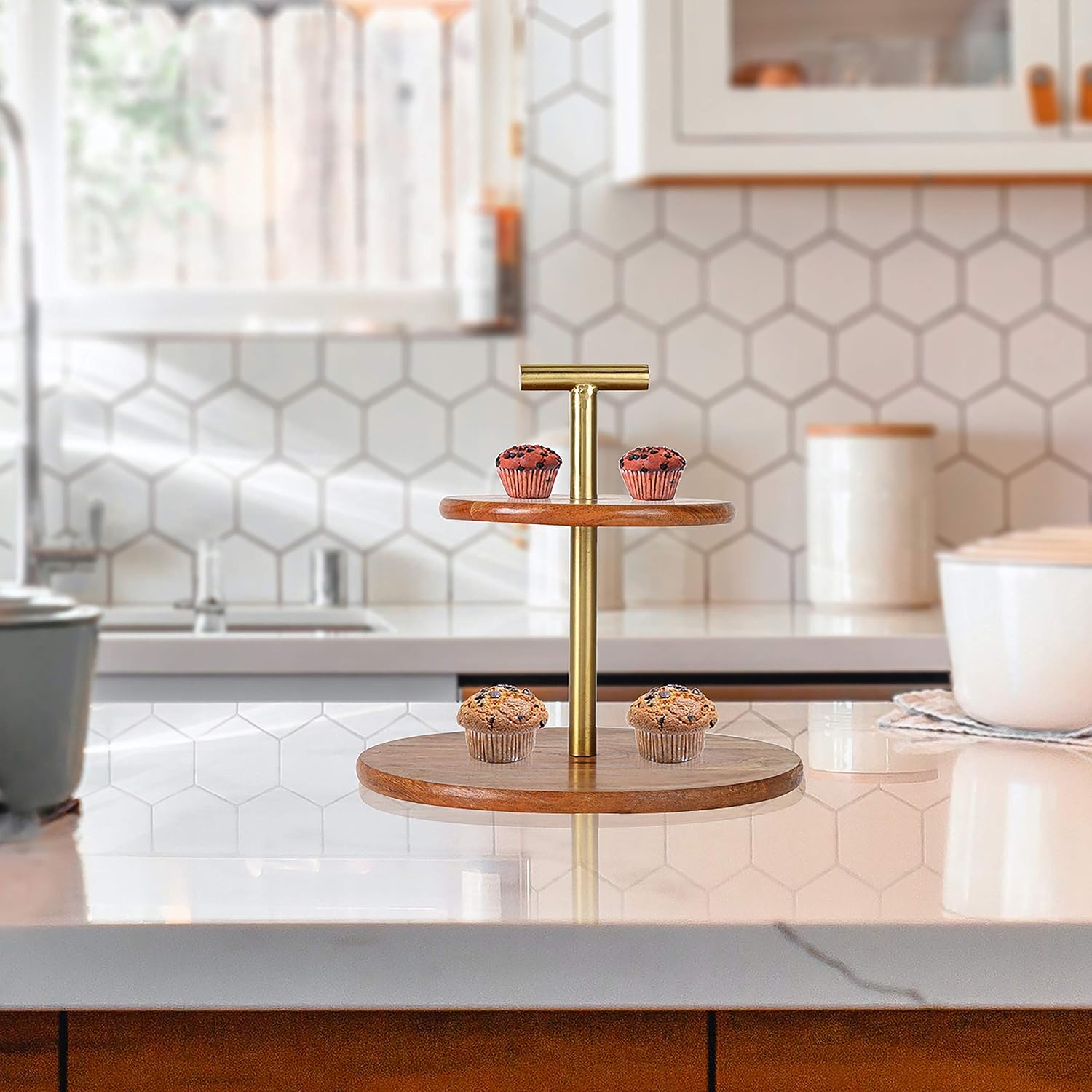 Medium 2-Tier Mango Wood And Metal Cake Stand