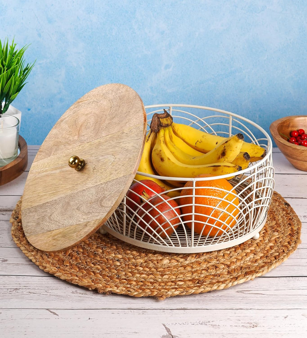 Wooden Lid, 25 cm Round Wire Mesh Container