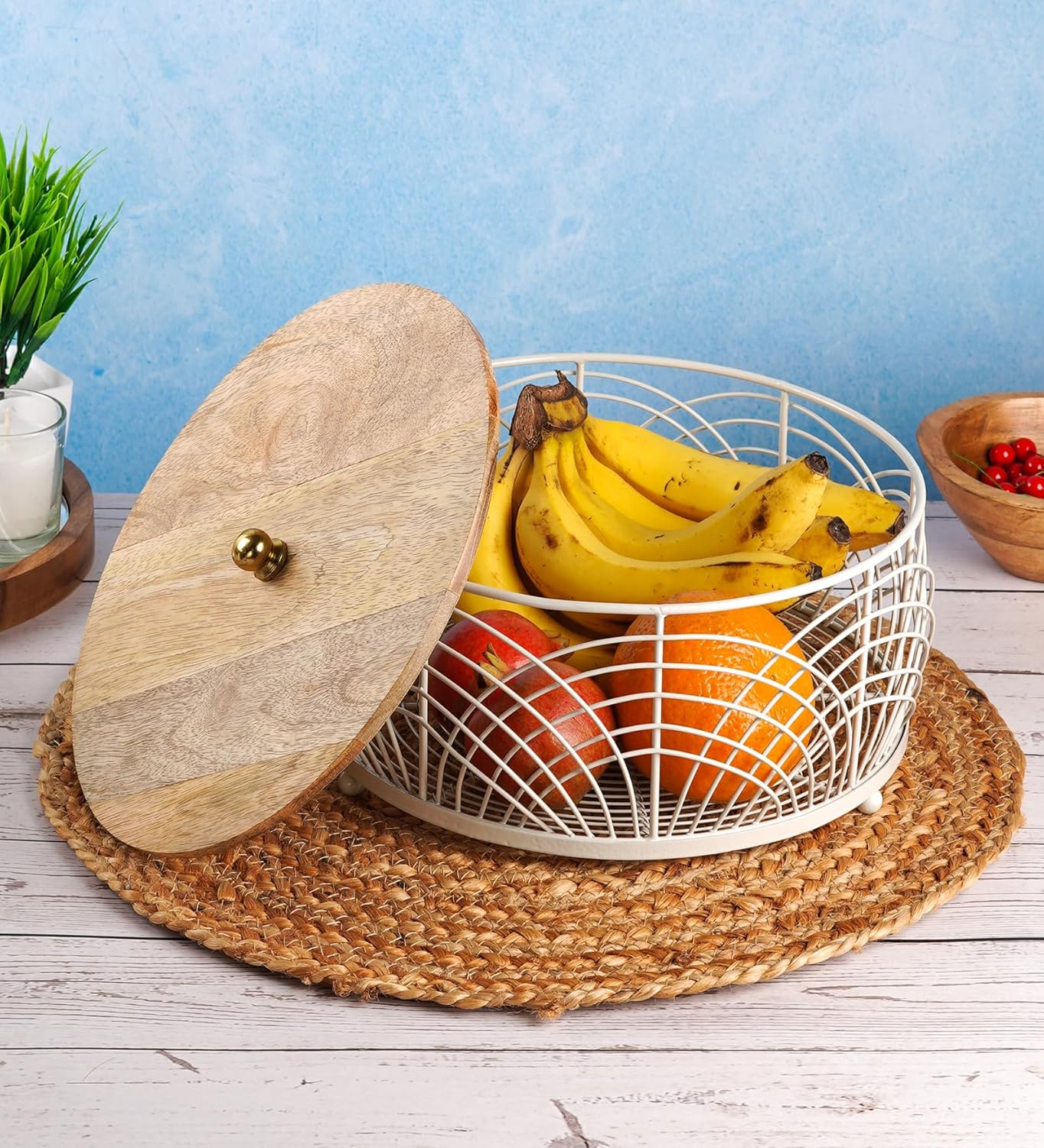 Wooden Lid, 25 cm Round Wire Mesh Container