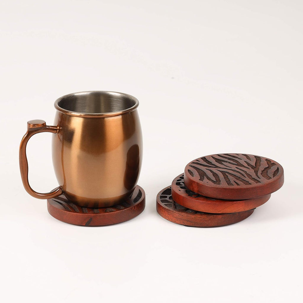 4 Natural Mango Wood Round Coasters Wild Animal Theme