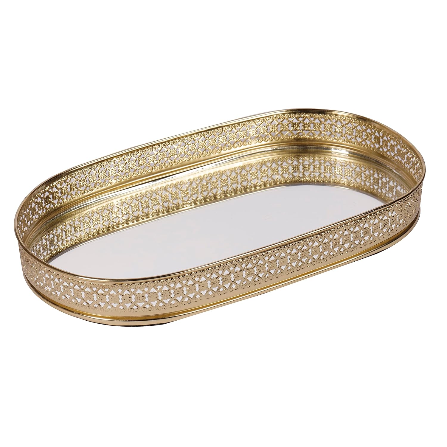 Oval Glass Mirror Gold Plated Tray Decorative Vanity