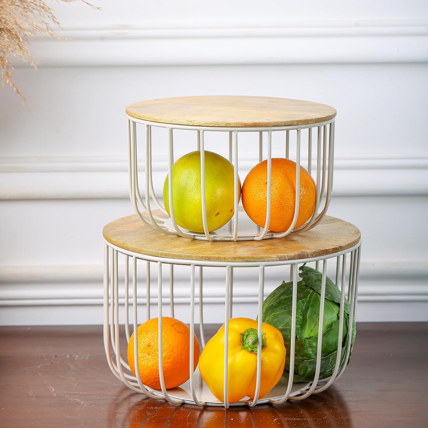 Wire Wood Baskets Round Shape Trays Grey Finish For Storage Fruit Vegetable