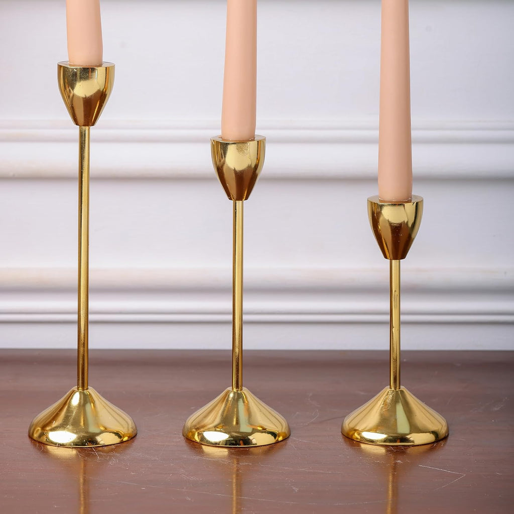 Gold Plated Metal Candle Holders Stick Tapered Set of 3