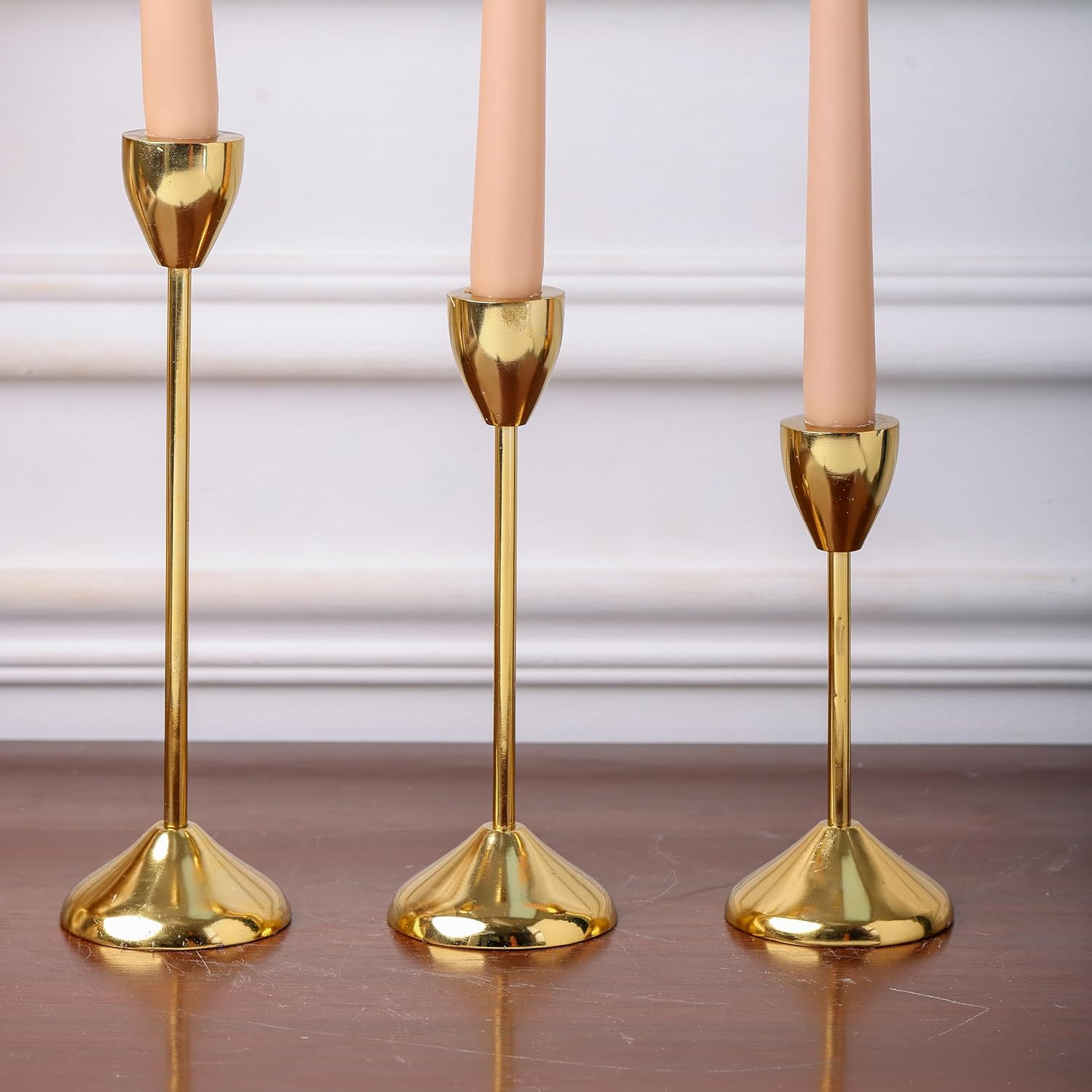 Gold Plated Metal Candle Holders Stick Tapered Set of 3