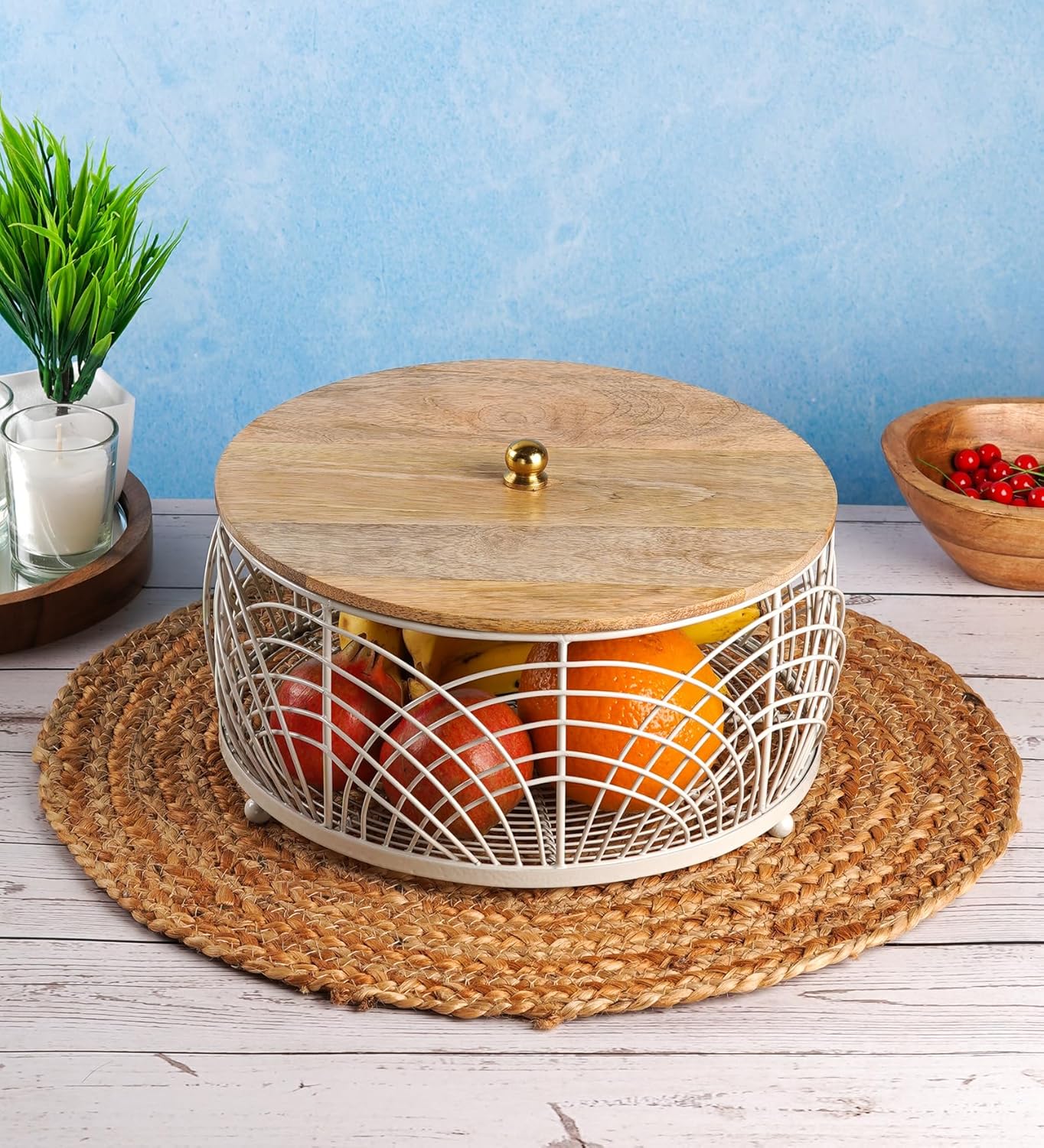 Wooden Lid, 25 cm Round Wire Mesh Container