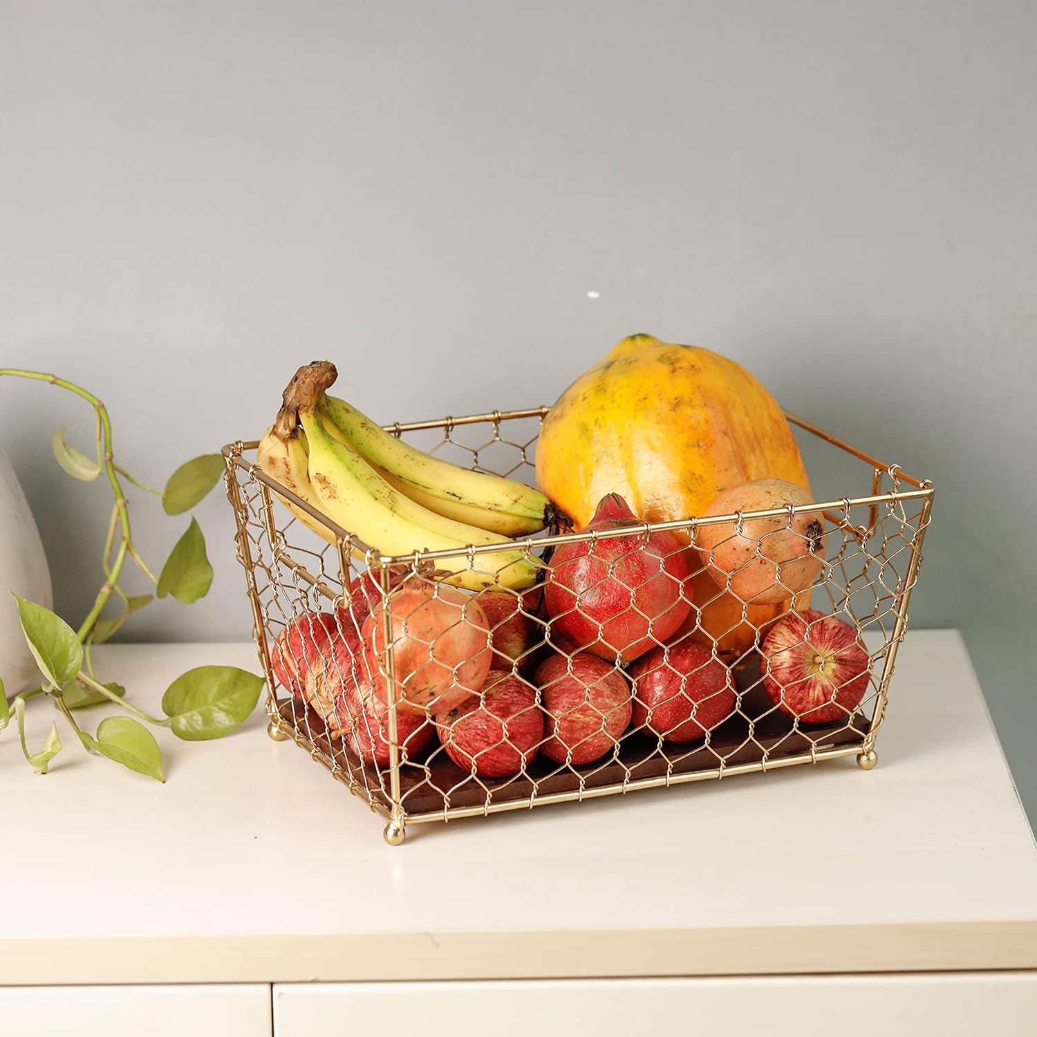 Gold Wire Basket Wood Base Storage