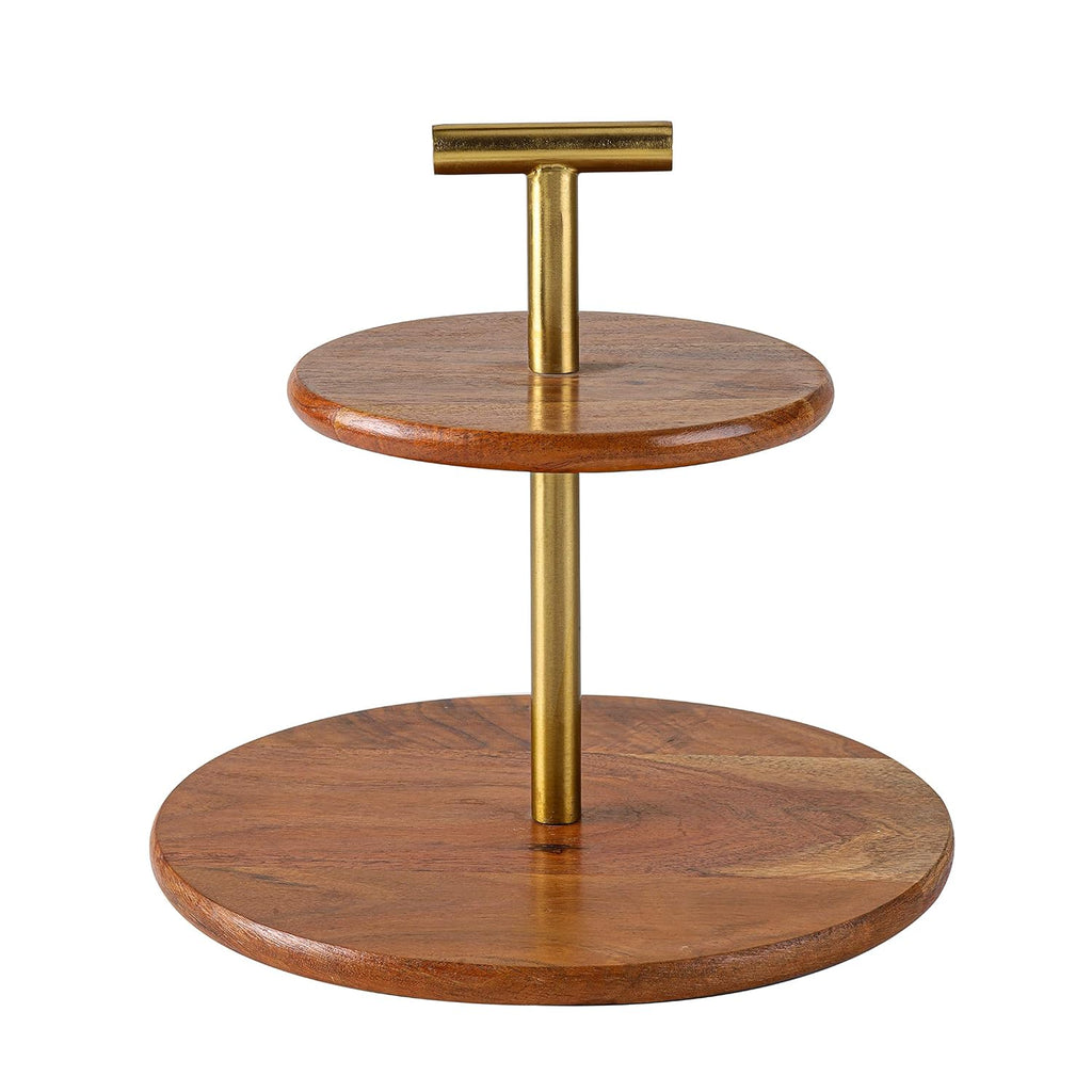 Medium 2-Tier Mango Wood And Metal Cake Stand