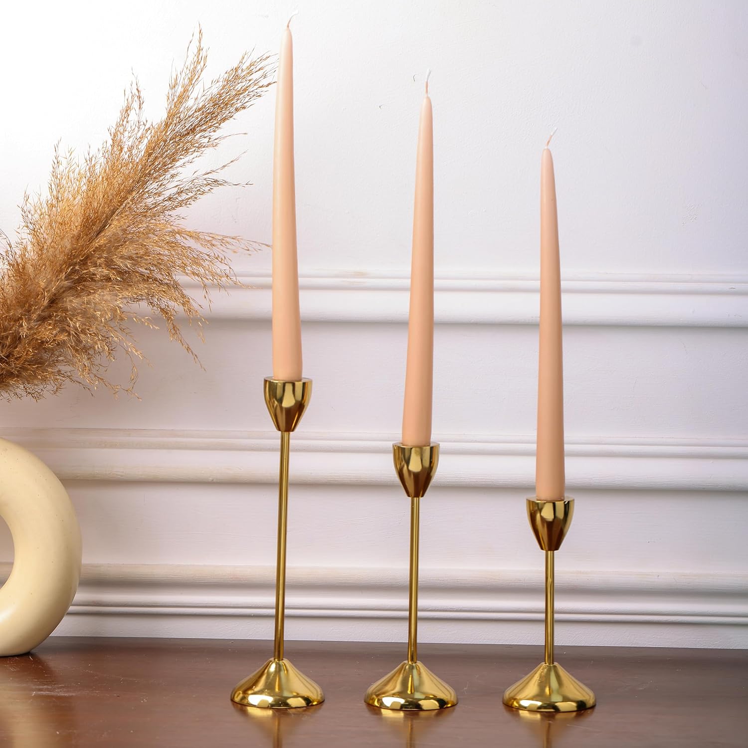 Gold Plated Metal Candle Holders Stick Tapered Set of 3