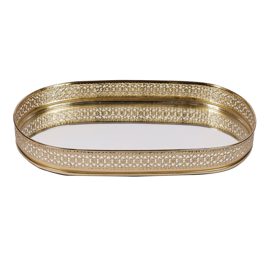 Oval Glass Mirror Gold Plated Tray Decorative Vanity