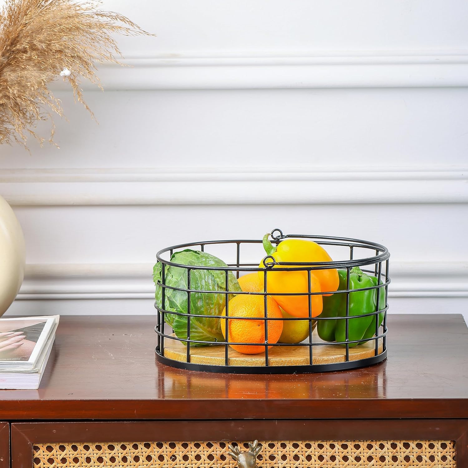 Black Basket With Wooden Base Fruit Vegetable