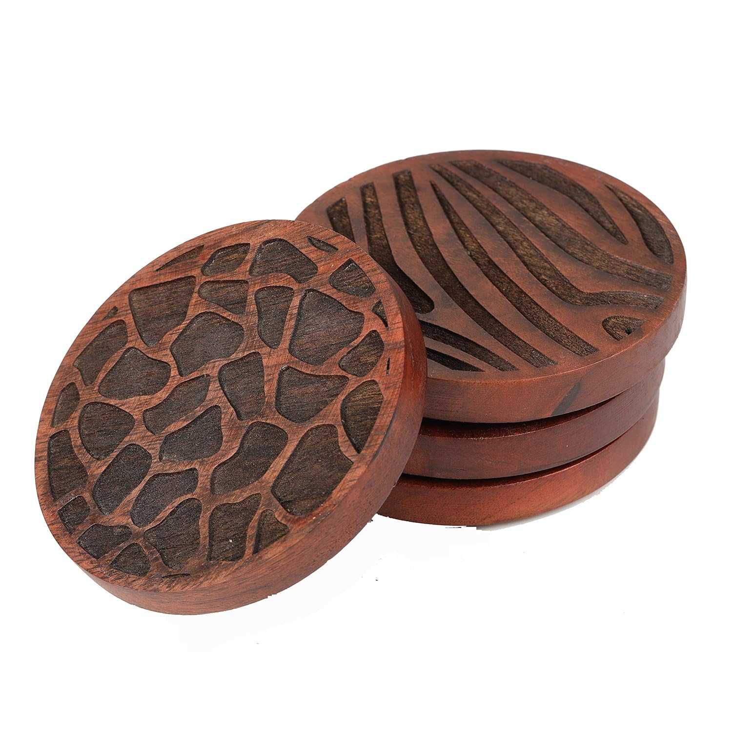 4 Natural Mango Wood Round Coasters Wild Animal Theme