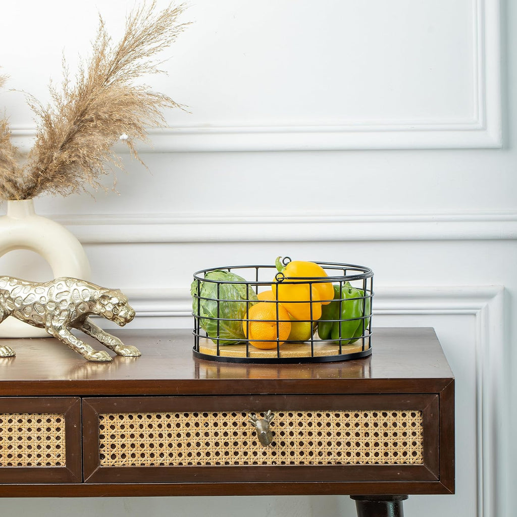 Black Basket With Wooden Base Fruit Vegetable