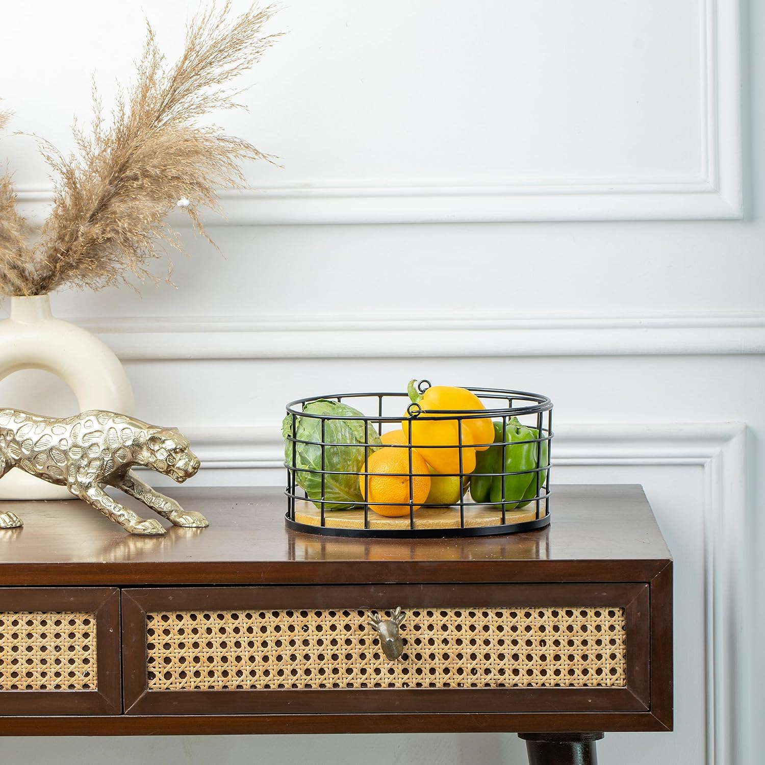 Black Basket With Wooden Base Fruit Vegetable