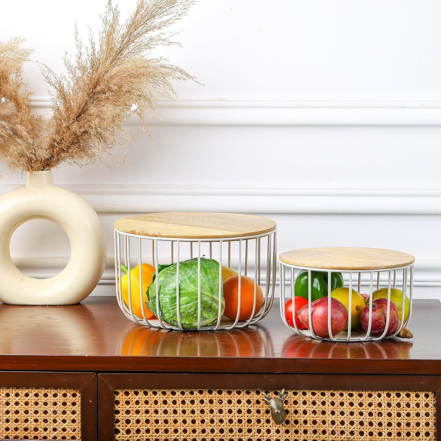 Wire Wood Baskets Round Shape Trays Grey Finish For Storage Fruit Vegetable