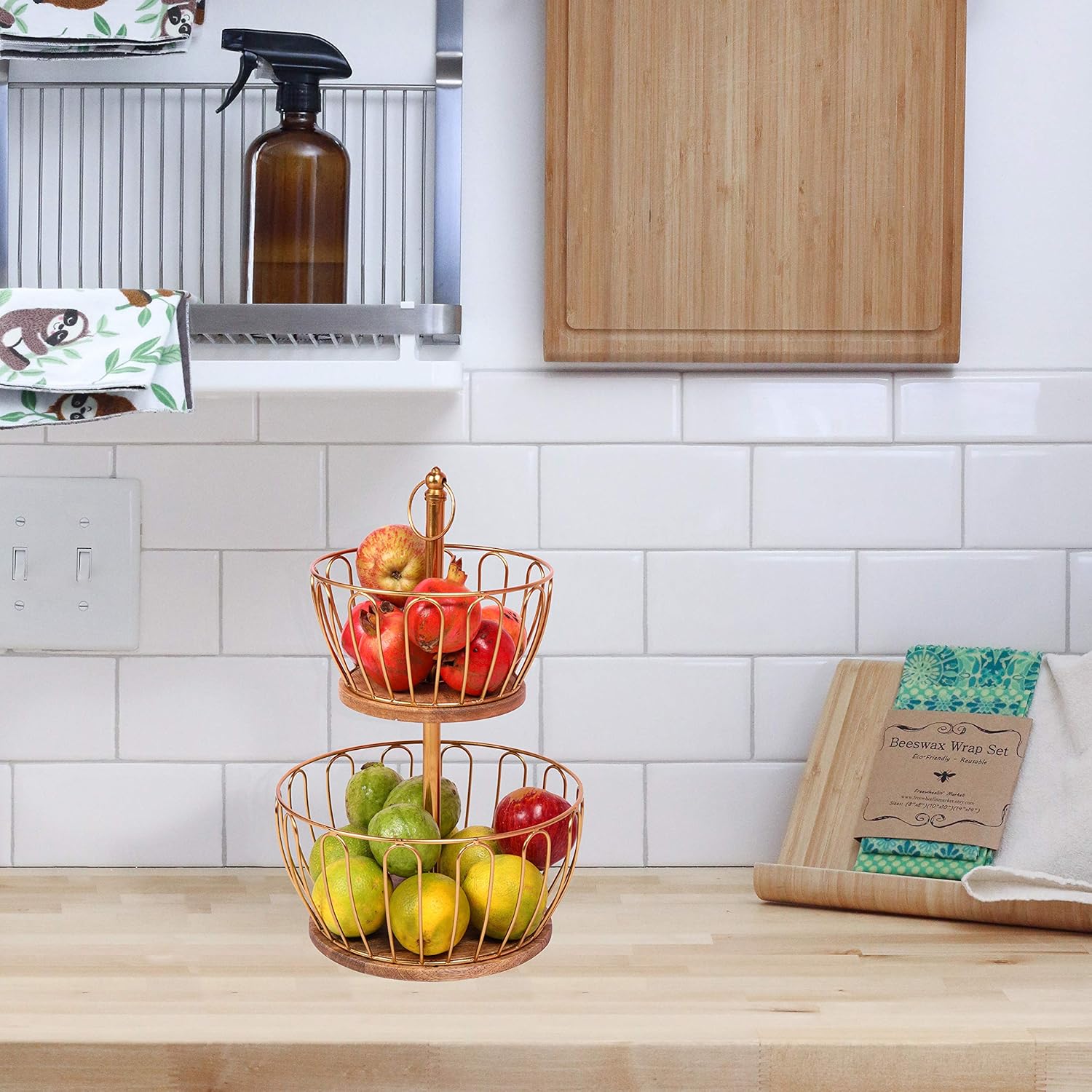 Metal and Wooden 2 Tier Home and Kitchen Fruit Vegetable Baskets
