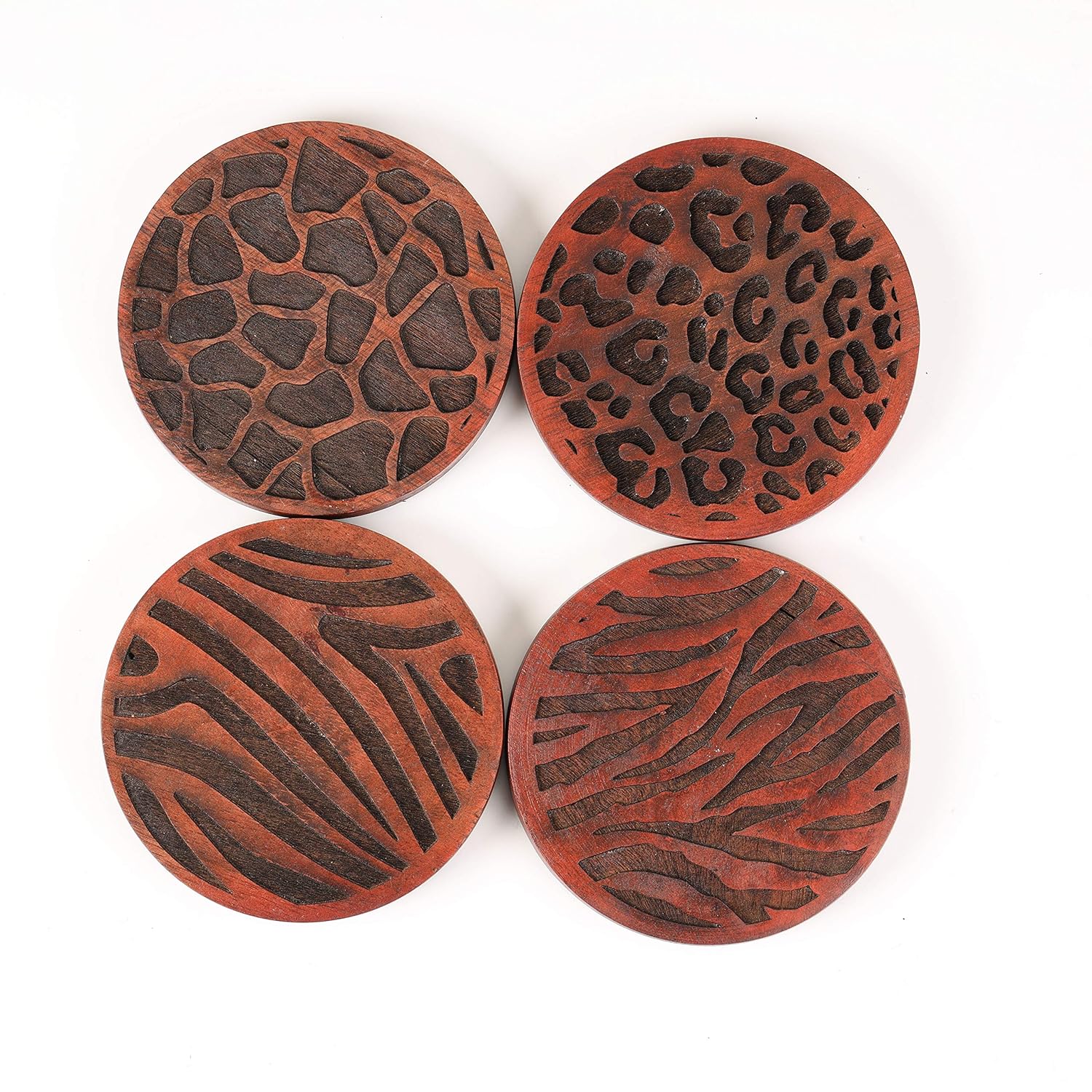 4 Natural Mango Wood Round Coasters Wild Animal Theme