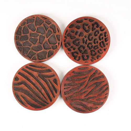 4 Natural Mango Wood Round Coasters Wild Animal Theme