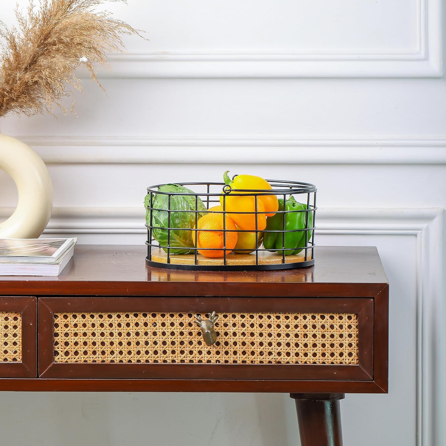 Black Basket With Wooden Base Fruit Vegetable