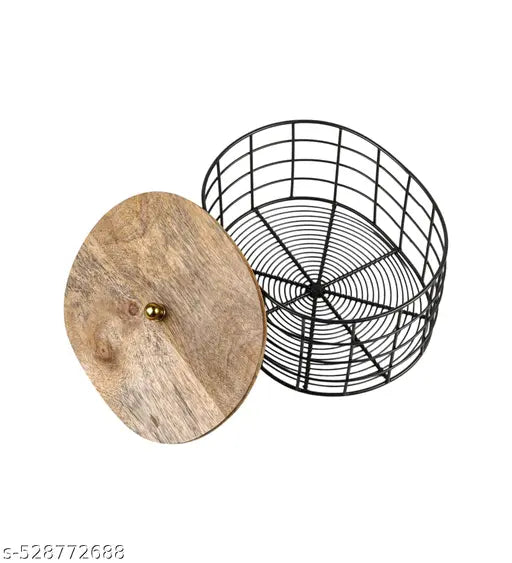 Oval Black Basket Metal With Wooden Top Lid Storage Kitchenware